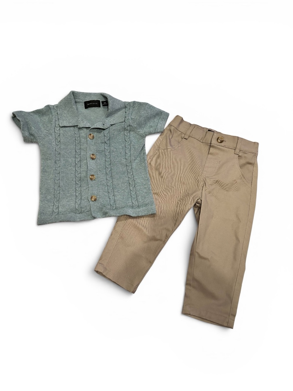 🎉 (12m) Perry Ellis Toddler Boy 2 PC Set - Cable Knit Button Down Shirt + Khakis - Picture 2 of 6